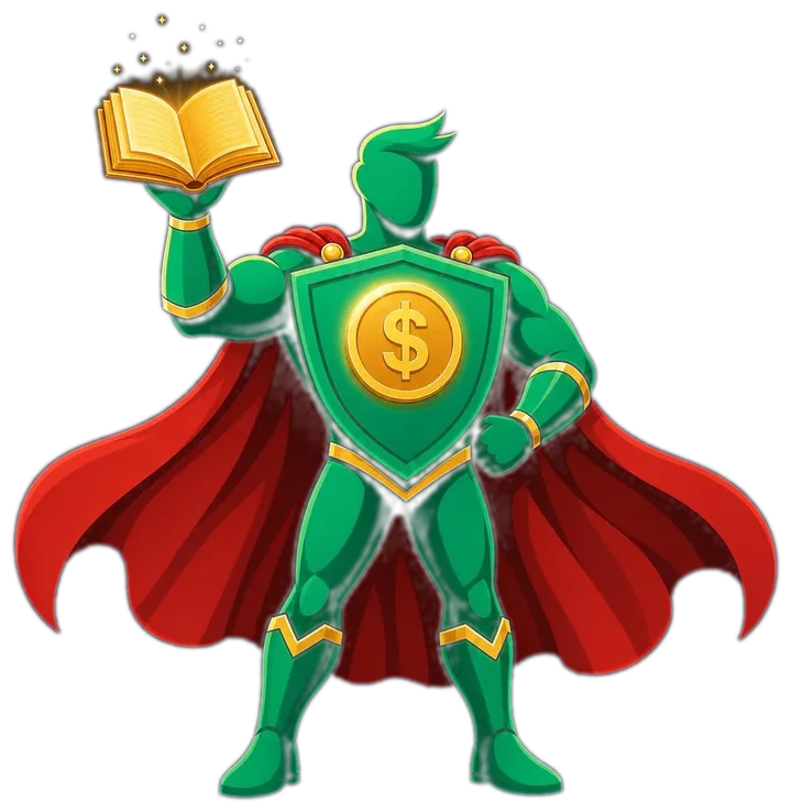 El héroe de MoneyUpHero sosteniendo un libro brillante, representando la Academia