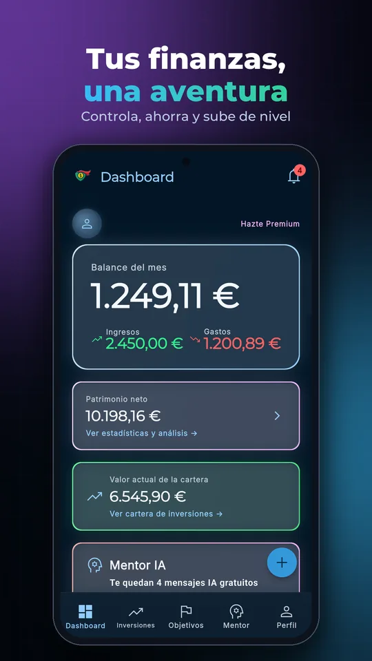 Captura del panel principal de MoneyUpHero con el resumen de las finanzas del mes