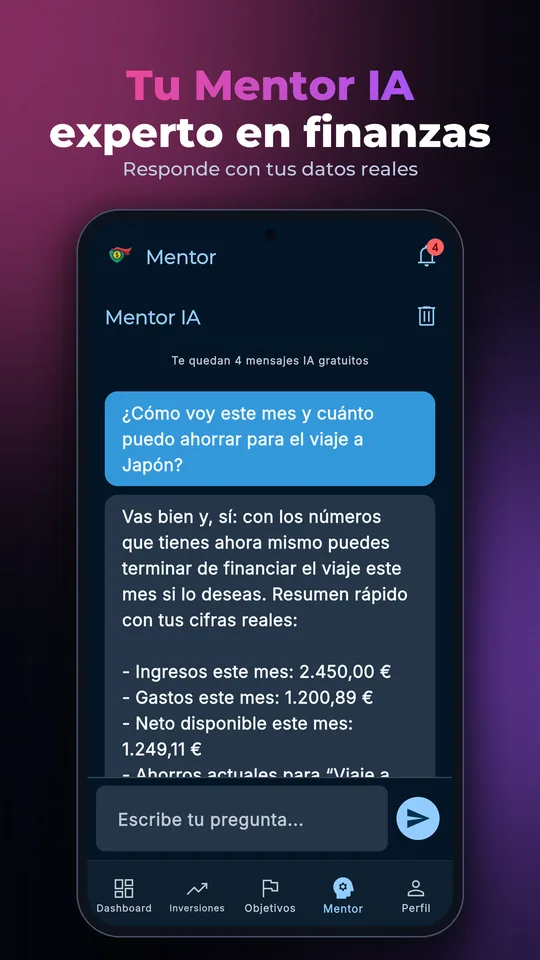 Mentor IA de la app MoneyUpHero respondiendo con datos reales cuánto se puede ahorrar para un viaje a Japón