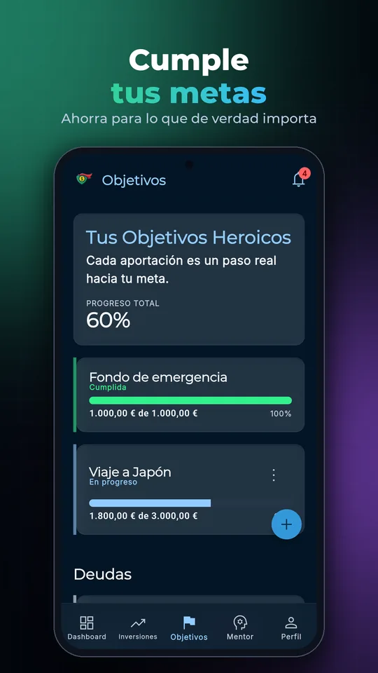 Captura de Objetivos en MoneyUpHero con una meta de fondo de emergencia completada y una meta de viaje en progreso