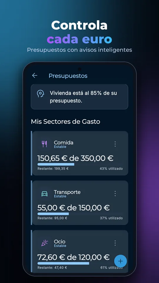 Captura de Presupuestos de MoneyUpHero con barras de progreso por categoría y un aviso al acercarse al límite