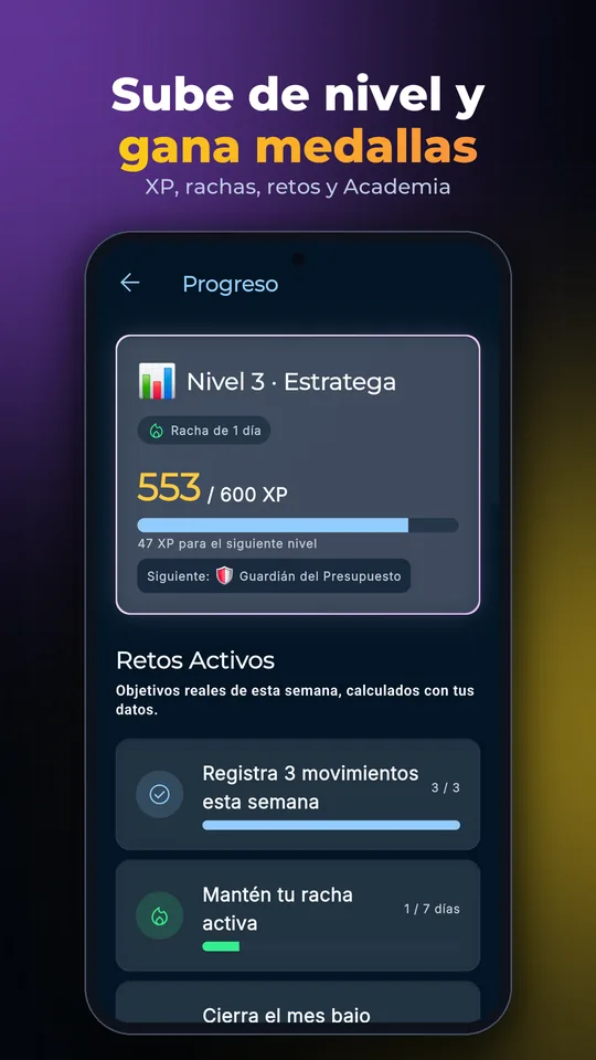 Pantalla de Progreso de la app MoneyUpHero con nivel, XP, racha diaria y retos semanales de ahorro