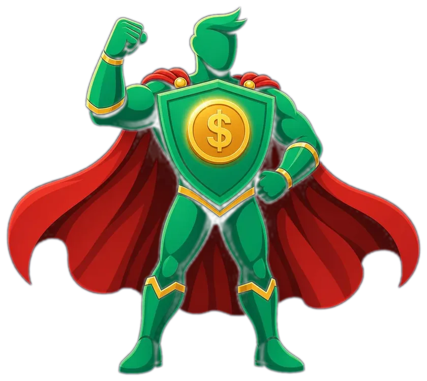 El héroe de MoneyUpHero, un superhéroe con escudo y capa que representa el progreso financiero
