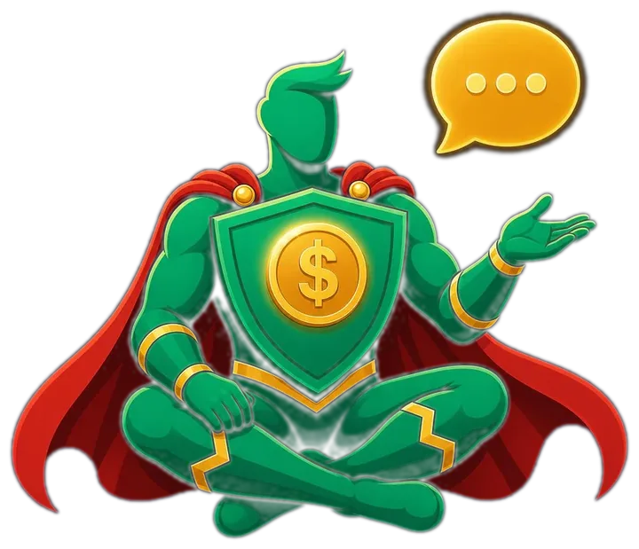 El héroe de MoneyUpHero sentado de forma cercana junto a una burbuja de chat, representando a MoneyUpMentor