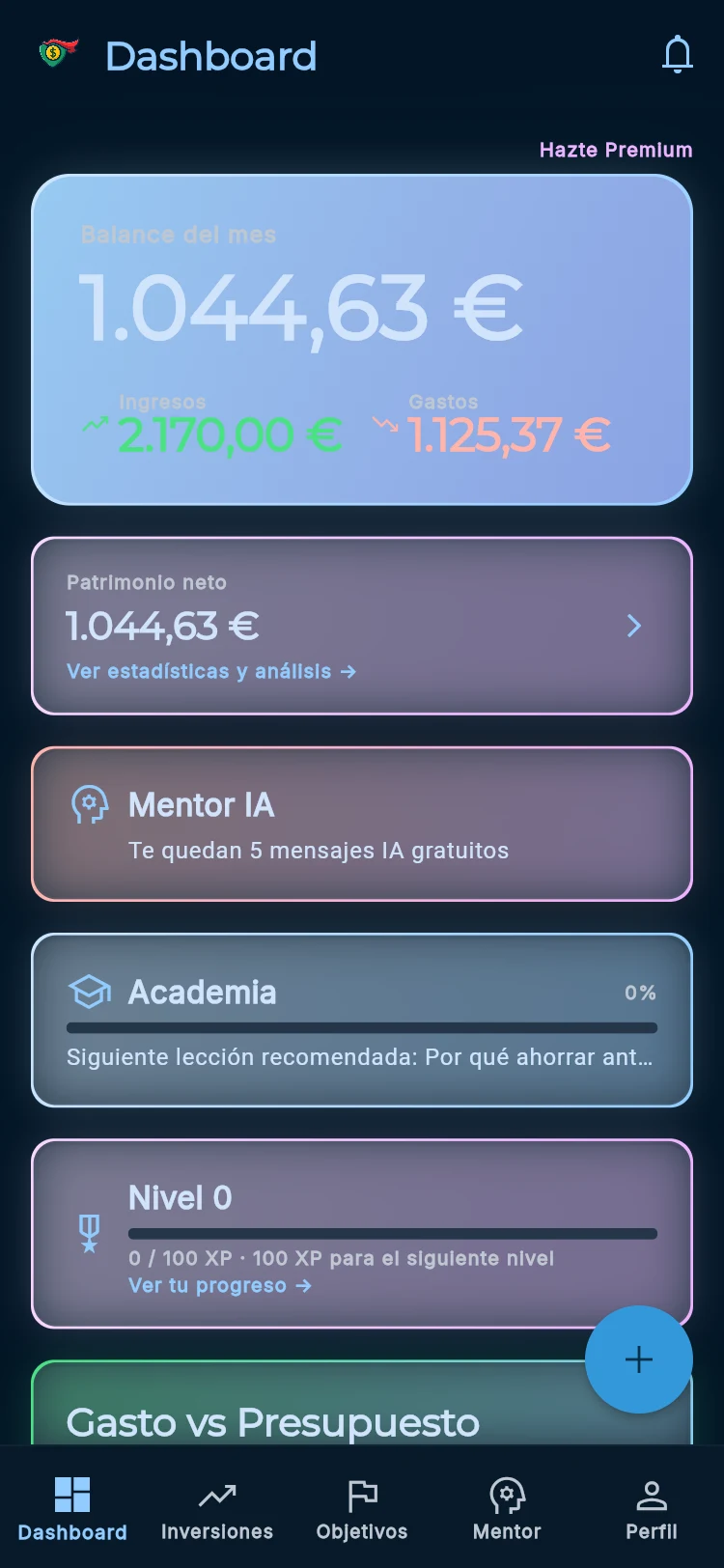 Captura del Dashboard de MoneyUpHero: balance del mes, patrimonio neto, Mentor IA, Academia y nivel