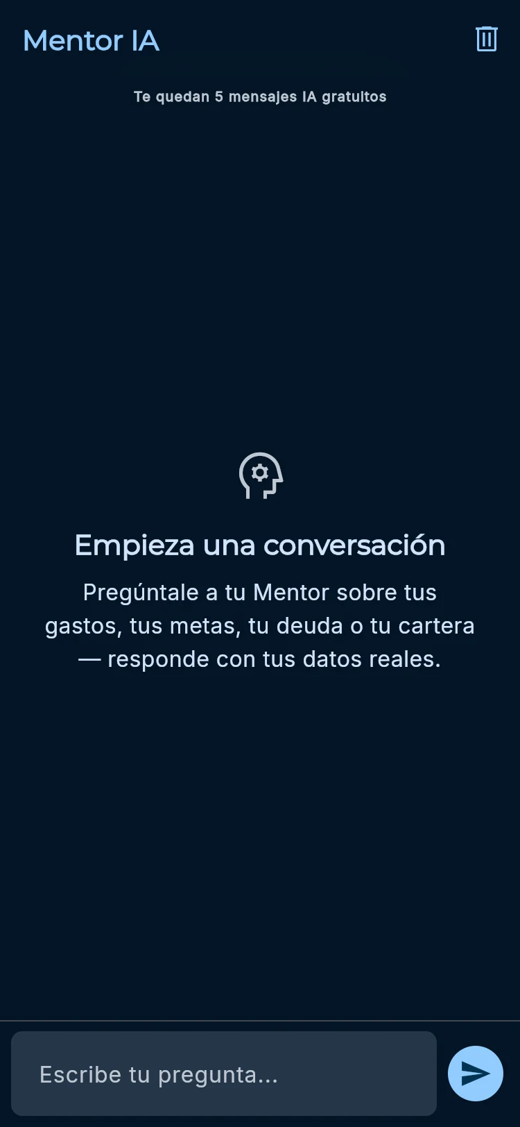 Captura de MoneyUpMentor con el chat listo para empezar una conversación