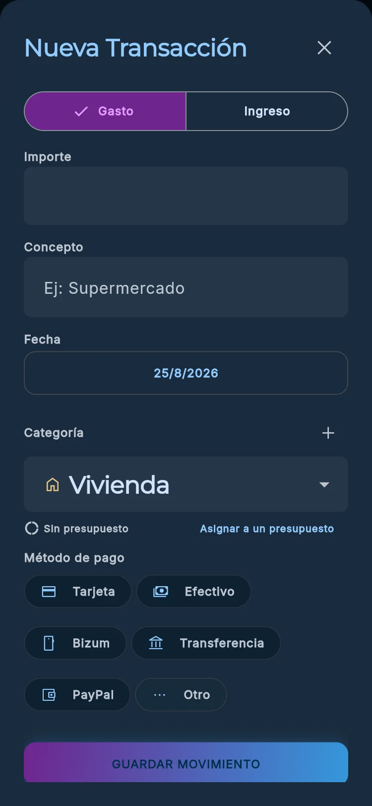 Captura del formulario para añadir una nueva transacción, con tipo, importe, categoría y método de pago