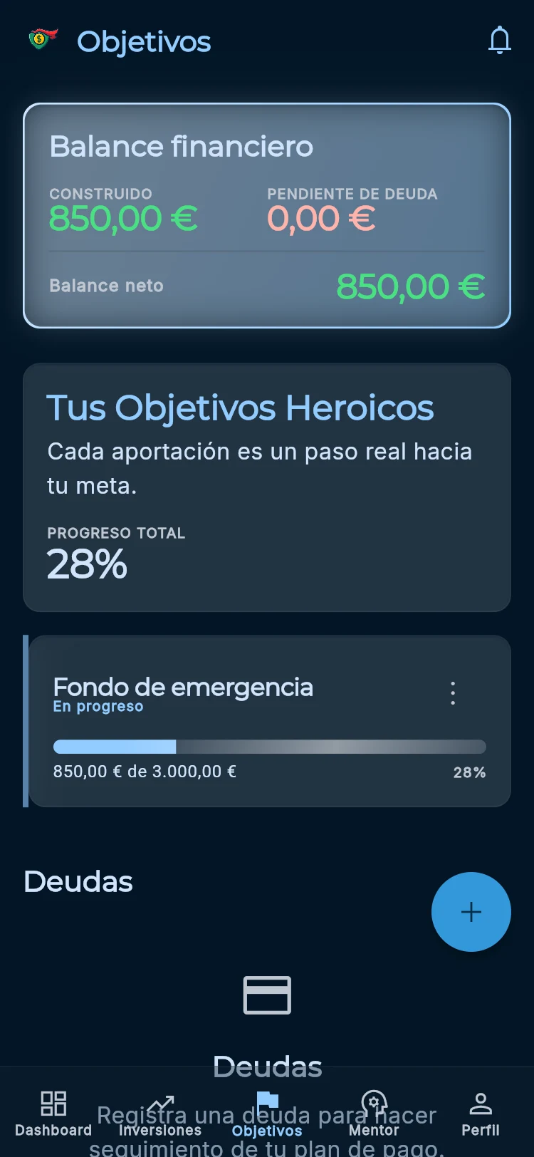 Captura de Objetivos con una meta de ahorro Fondo de emergencia al 28% de progreso