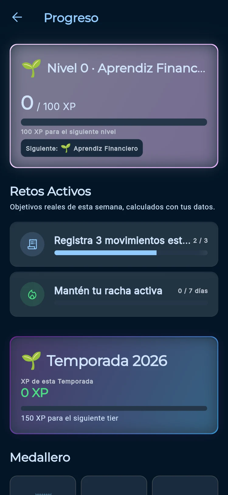 Captura de la pantalla de Progreso con nivel, XP, racha, retos activos, Temporada y medallero de logros