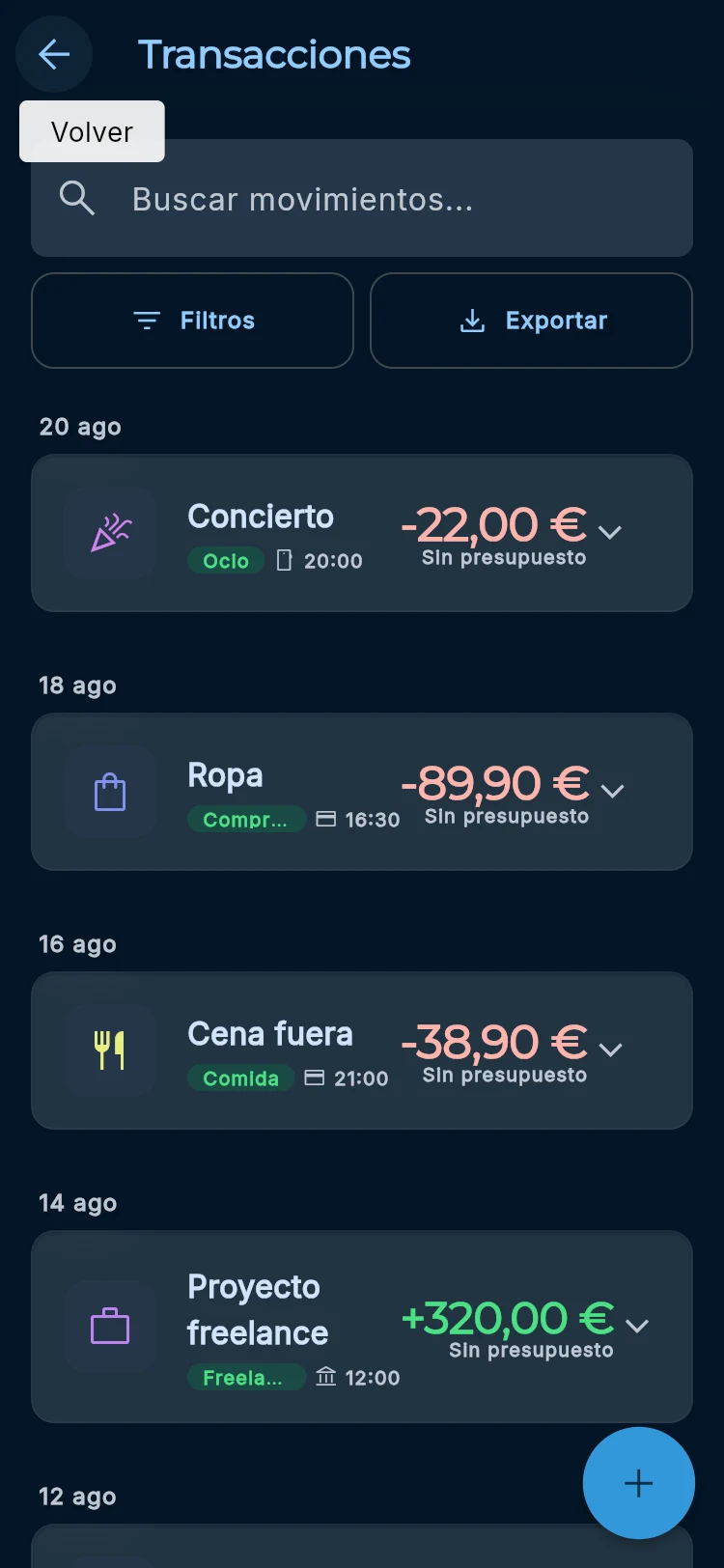 Captura de Transacciones mostrando movimientos organizados por fecha con categoría, hora e importe